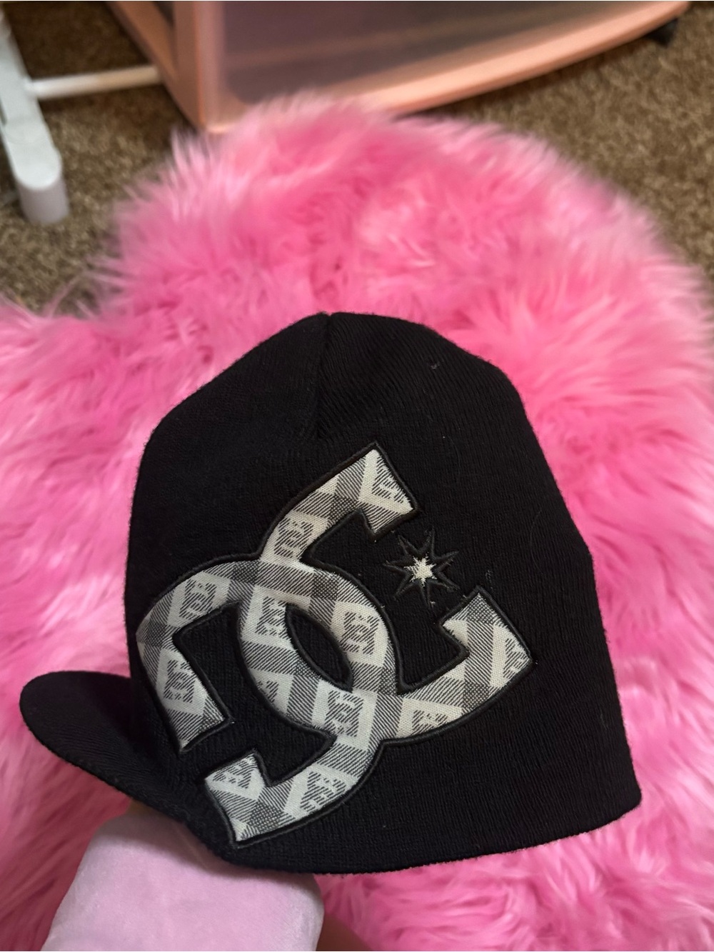 Vintage Y2K DC Shoes Black Visor Beanie Hat Plaid Logo Skate Snowboard One Size